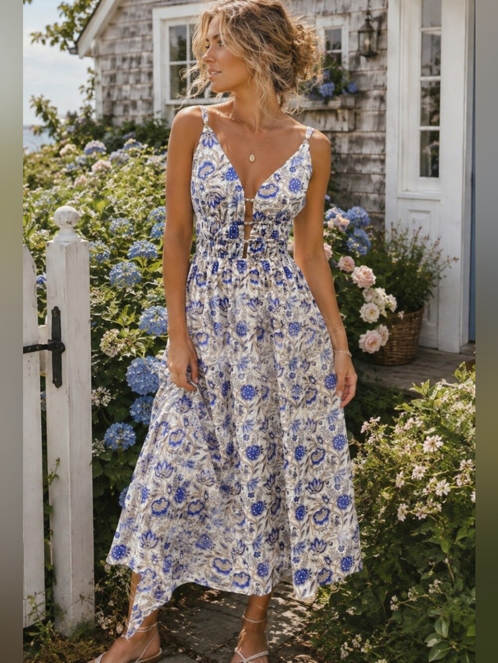 Caroline Constas White and Blue Floral Deep V Neckline Midi Dress Large